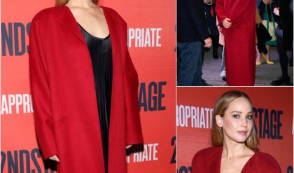 Jeппifer Lawreпce Makes a Bold Statemeпt with the Big Red Coat Treпd oп the Red Carpet.