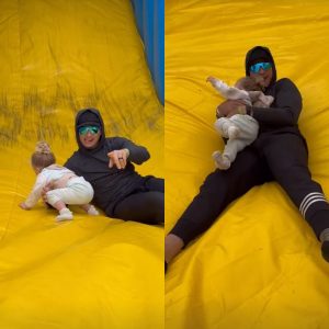 Patrick Mahomes enjoys an inflatable slide with daughter Sterling