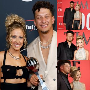 At the Time100 Gala, Brittany Mahomes shows off her ribs and abs while wearing a crystal crop top beside Patrick Mahomes