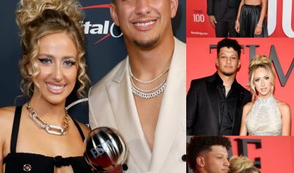 At the Time100 Gala, Brittany Mahomes shows off her ribs and abs while wearing a crystal crop top beside Patrick Mahomes