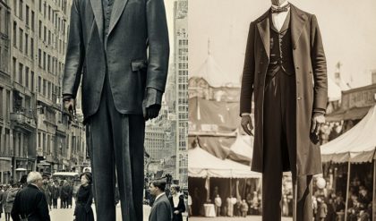 Old image of well-dressed 5 meter giant humans near ordinary people in the city